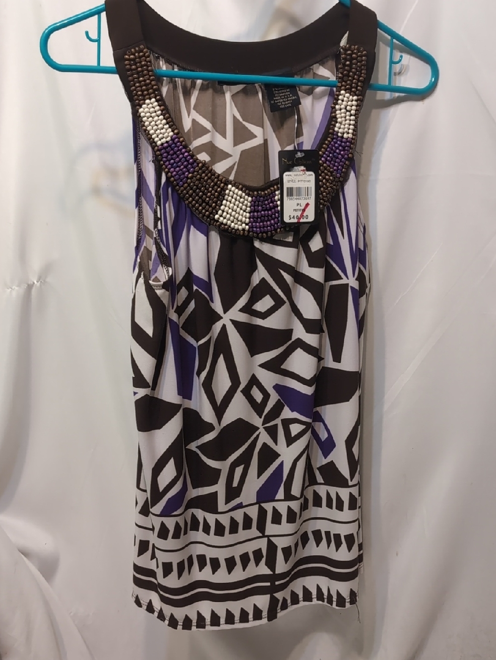 Nue Options Beaded Neckline Geometric Print Tank Top - Purple/Black Size Lg P